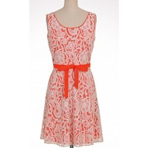 Lace Overlay Fit & Flare Dress Orange And Cream Lace Overlay Women's size 6